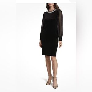 TAHARI ArthurS. Levine Elegant Black Velvet Long Sleeve Dress with Pearl Details